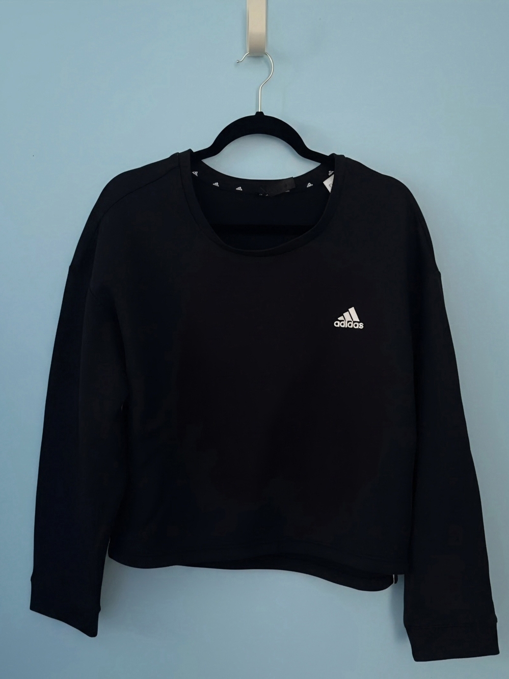 Adidas Black Cropped Crewneck Sweatshirt with White Logo and White Stripes
